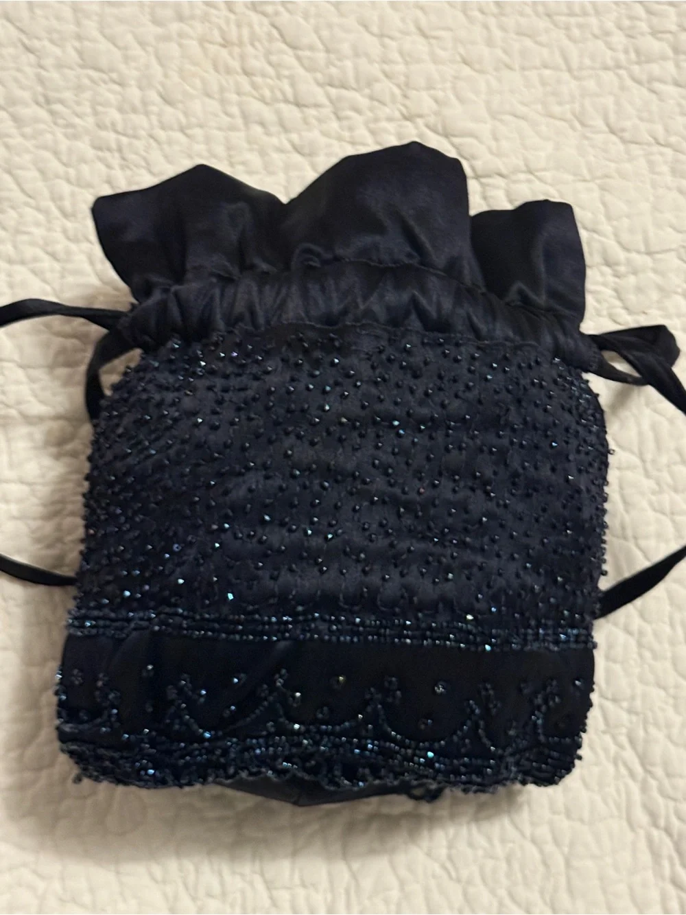 Black Drawstring Evening Pouch with sparkling black beading, Unbranded. 8” X 7”